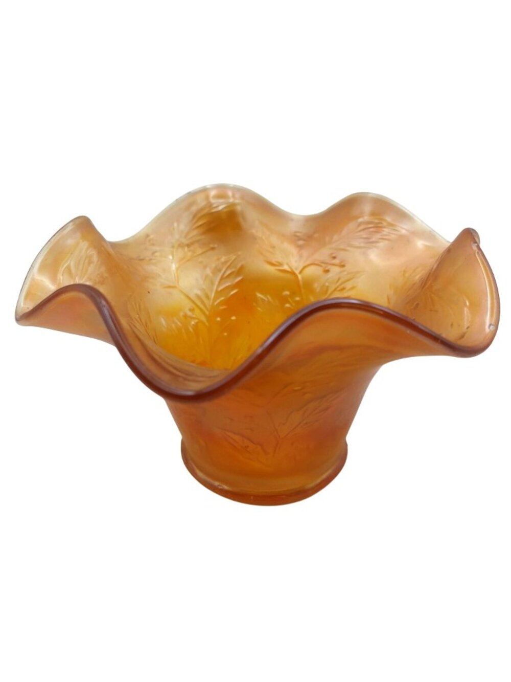Fenton Holly Leaf & Berry Marigold Carnival Glass Ruffled Hat Candy Bowl Antique